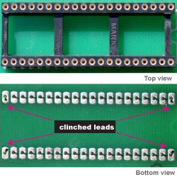 View on the bottom of the PC board after insertion multi-leaded components by CS-400E Component Locator: 40-pin DIP socket